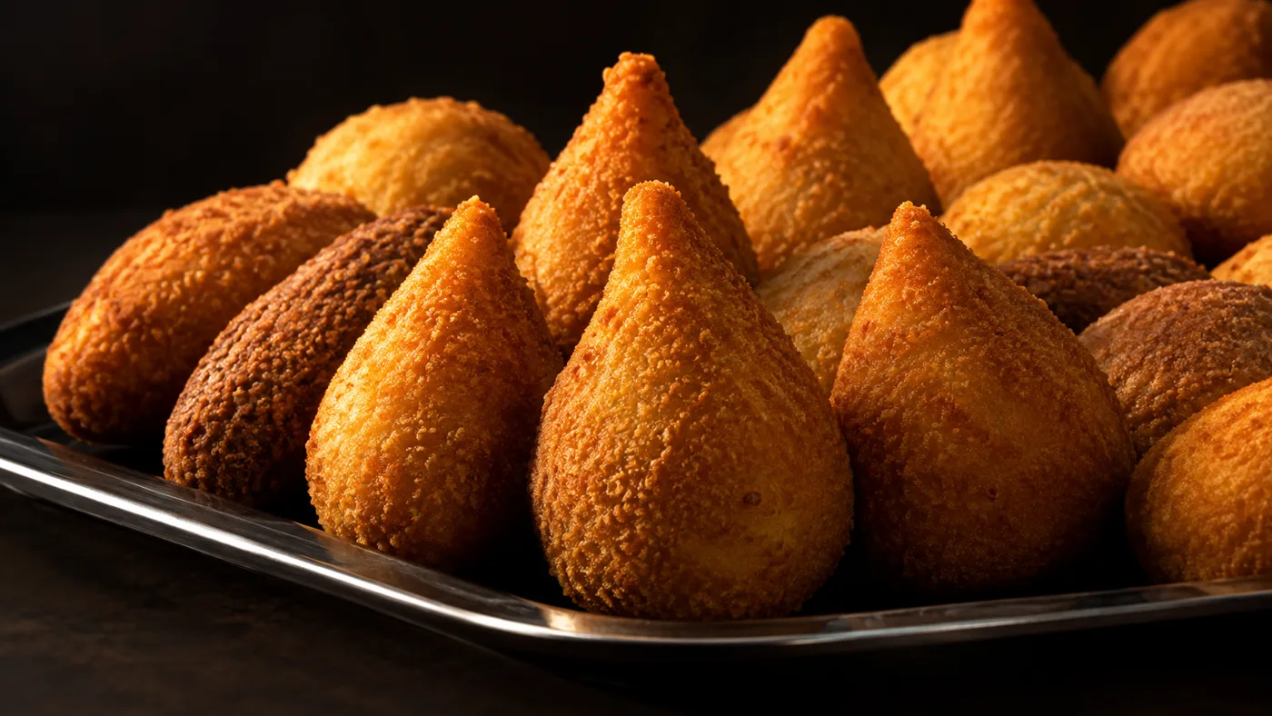 Bandeja cheia de coxinhas douradas e crocantes, recém-fritas, da fábrica Duas Coxinhas